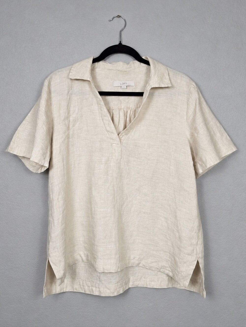LOFT 100% Linen Boxy Popover Top Medium Coastal Quiet Luxury  Minimalist Beige